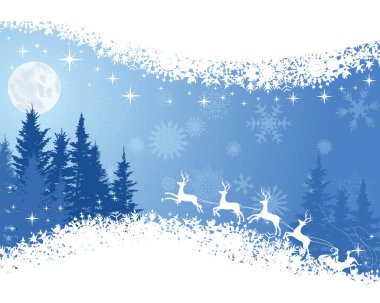 Noel Baba ve ren geyikli Noel afişi. Mavi gökyüzü arka planında köknar ağacı ormanı olan bir Noel manzarası. Kış tatilleri için şenlik tasarımı, etkinlikler, satışlar. Vektör illüstrasyonu.