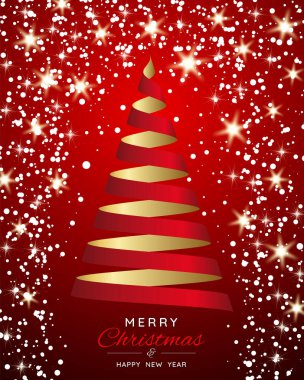 Kurdelesinden köknar ağacı olan bir Noel afişi. Kırmızı arka planda, kar taneleri ve yıldızlarla süslenmiş Noel ağacı. Kış tatilleri için şenlik tasarımı. Vektör illüstrasyonu.