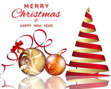 Kurdele ve dekorasyon balolarından köknar ağacının olduğu Noel afişi. Beyaz arka planda ayna zemininde yansıması olan bir Noel süsü. Kış tatilleri için şenlik tasarımı. Vektör illüstrasyonu.