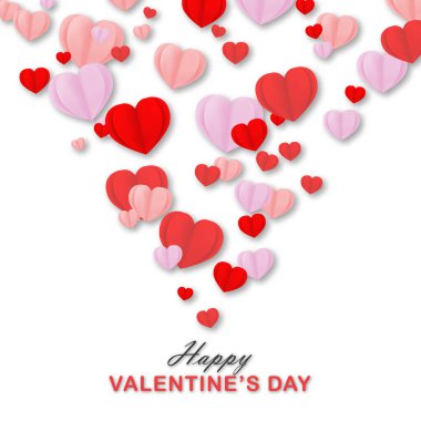 Sevgililer Günü tasarımı. Değerli kırmızı, beyaz ve pembe kağıt kalpleri kesiyor. Sevimli VValentine bayrağı, tebrik kartı. Vektör illüstrasyonu.