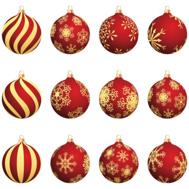 Noel süslemeleri, kar taneleriyle süslenmiş kırmızı cam top seti. Kış tatilleri, etkinlikler, indirimler ve satışlar için şenlik tasarımı öğesi. Vektör illüstrasyonu.