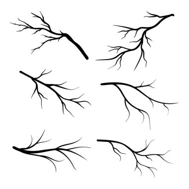 Eski kuru, çıplak ağaç dalı seti. Ağaç dallarının siyah silueti. El çizimi. Vektör illüstrasyonu.