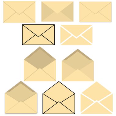 Zarf seti. Açık ve kapalı harf (zarf) ögeleri. Vektör illüstrasyonu.