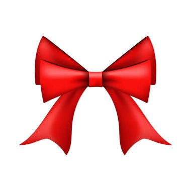 Saten kırmızı fiyonk. Sevgililer Günü ve Noel tatili için fiyonk tasarımı, düğünler, doğum günü, etkinlikler, indirimler ve satışlar. Vektör illüstrasyonu.