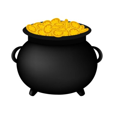 Altın sikkeli leprikon tenceresi. İrlanda bira festivalinin çizgi film elemanı Aziz Patrick günü. Vektör İllüstrasyonu.