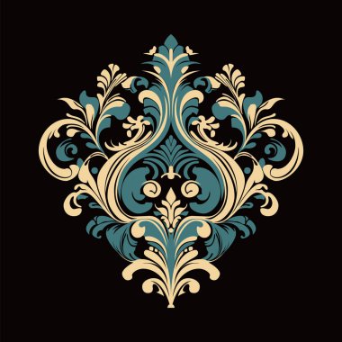 Damask barok süsü. Viktorya tarzı tasarım için dekoratif bir öğe. Düğün davetiyelerinin, tebrik kartlarının, çantaların ve kıyafetlerin dekorasyonunda kullanılabilir.