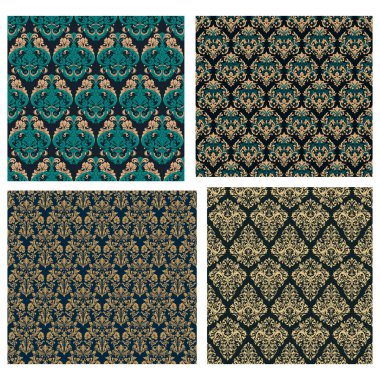Damask kusursuz barok süsü seti. Viktorya tarzı tasarım için desen öğesi. Düğün davetiyelerinin, tebrik kartlarının, çantaların ve kıyafetlerin dekorasyonunda kullanılabilir.