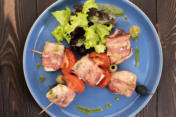 Roasted Salmon Skewers Wrapped Bacon Slices Plate Top View Copy — Stock Photo, Image