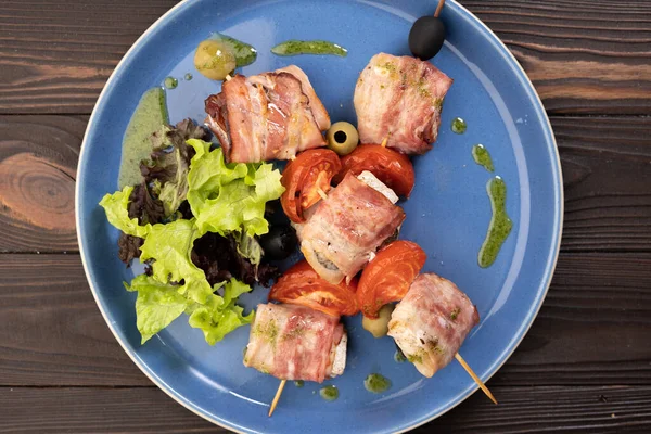Grilled Skewers Salmon Wrapped Bacon Tomatoes Lettuce Wooden Background Top — Stock Photo, Image