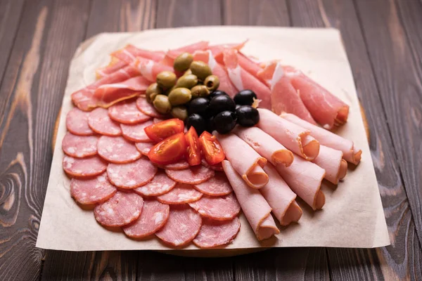 Cold Smoked Meat Plate Sausage Sliced Ham Prosciutto Bacon Olives — Stock Photo, Image