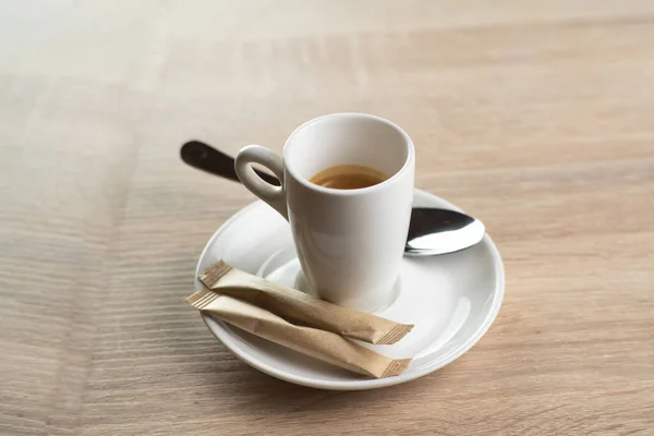 White Cup Coffee Saucer Spoon Morning Coffee Light Background Copy — Stock Photo, Image