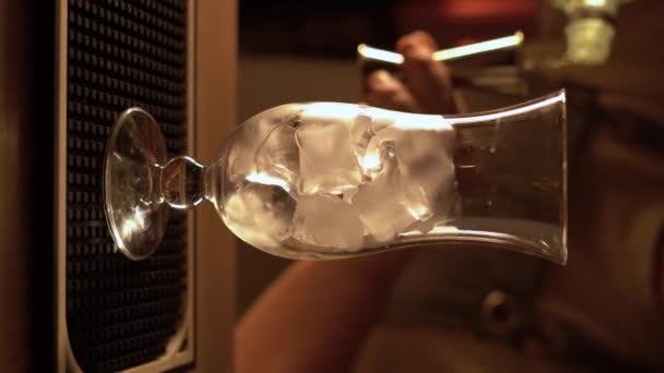 Μπάρμαν Βάλε Τζιν Ένα Ποτήρι Πάγο Στο Μπαρ Κάθετη Βίντεο — Αρχείο Βίντεο