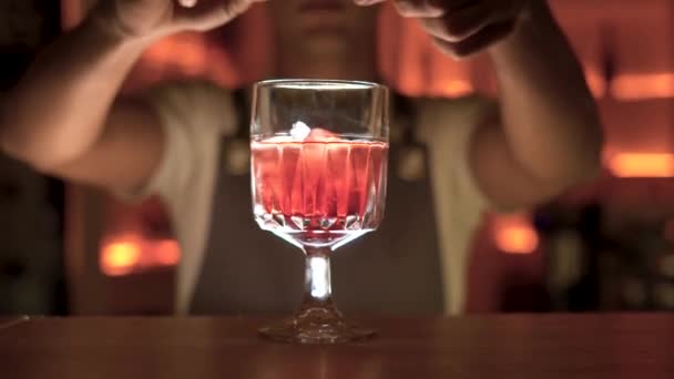 Barda Portakal Kabuğuyla Kokteyl Hazırlayan Barmen Alkol Içecekleri Hafta Sonu — Stok video