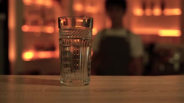 Barmen Barda Çalışırken Bardağa Buz Koyuyor Alkollü Içki Tatil Insanlar — Stok video
