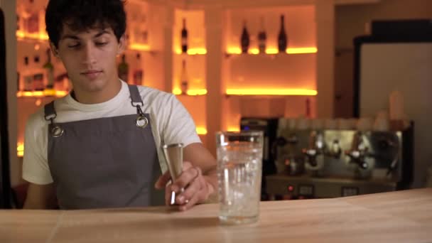 调酒师把烈酒从钢瓶倒入酒吧里的鸡尾酒中 — 图库视频影像