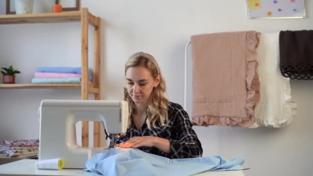 Sewing Process Woman Stitching Fabric Professional Manufacturing Machine Workplace Seamstress — Stock Video