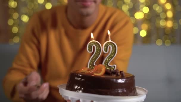 22Nd Birthday Happy Young Man Lighting Number Candle Cake Makes — Vídeo de stock