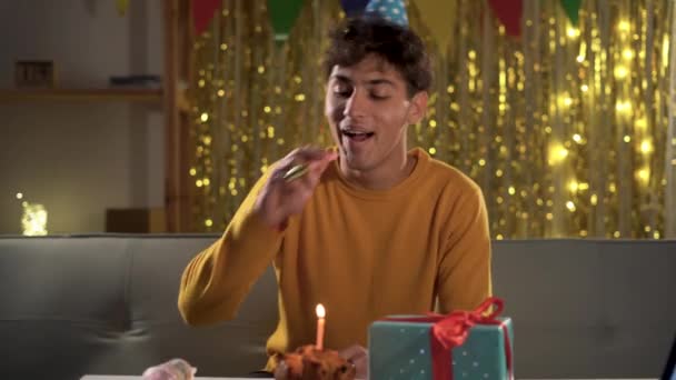 Happy Guy Holding Birthday Cake Burning Candle Making Wish Celebrating — Wideo stockowe