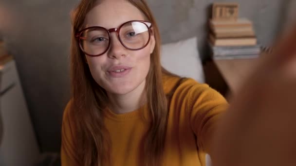 Pov Video Call Portrait Young Woman Waving Hand Casual Wear — Vídeo de Stock