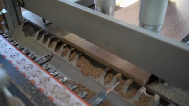 钻孔机的特写会在木板或Mdf上打孔 木制家具工厂和木制品工业中木制家具的生产和制造过程 — 图库视频影像