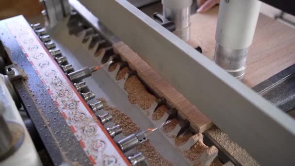 Close Drilling Machine Makes Hole Wooden Slab Chipboard Process Production — Wideo stockowe