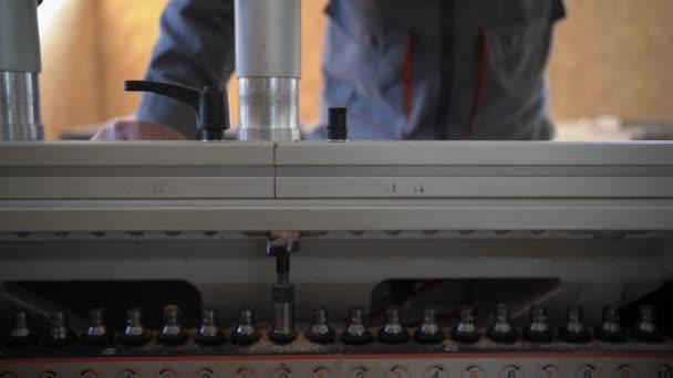 Closeup Drilling Machine Master Adjusts Required Size Holes Process Production — Stock Video