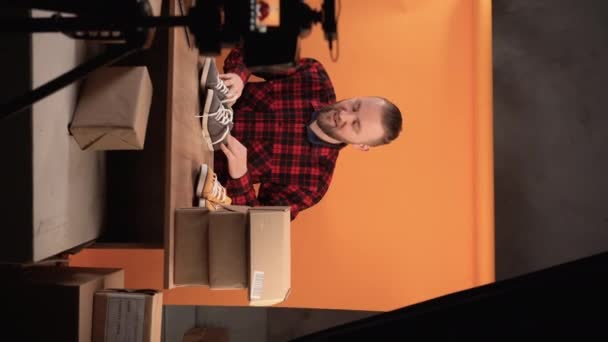 Influential Bearded Caucasian Man Live Streaming Clothing Review Home Studio — Vídeo de Stock