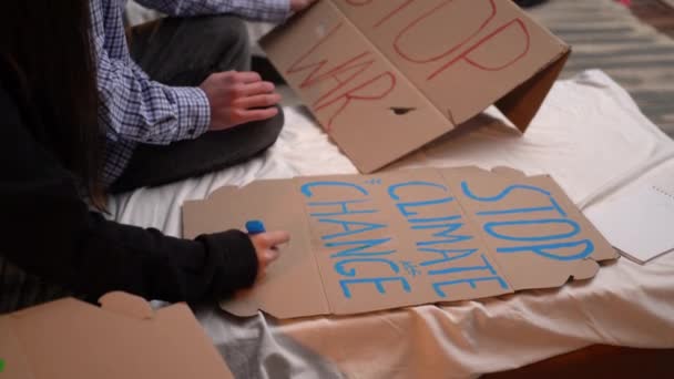 Close Hands Activists Preparing Poster Words Stop Climate Change Written — Wideo stockowe