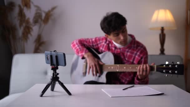 Young Musician Practicing Acoustic Guitar Exercises Taking Online Music Courses — Vídeos de Stock
