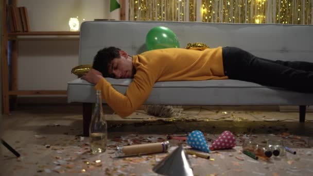 Tired Drunk Man Party Sleeping Home Sofa Copy Space — 图库视频影像
