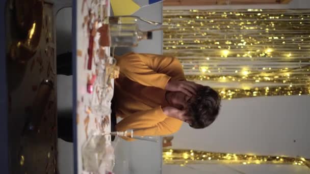 Tired Drunk Man Headache Party Home Vertical Video — Stockvideo