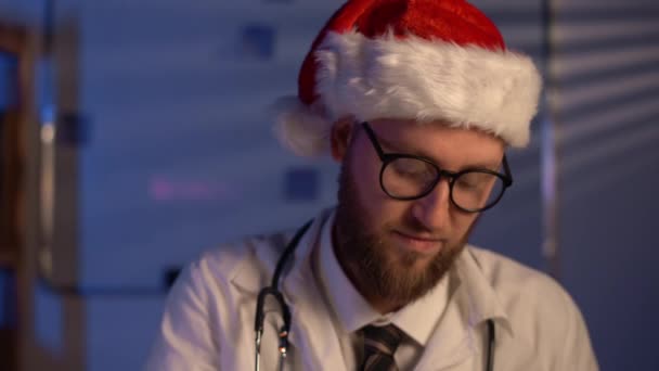 Doctor Shift Christmas Eve Smiling Looking Camera Webcam View Copy — Vídeo de stock