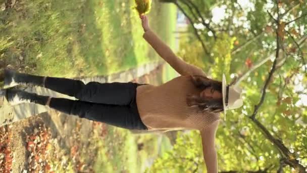 Sonbaharda Dışarıda Yürüyen Güzel Bir Kız Parkta Sonbahar Havasının Tadını — Stok video