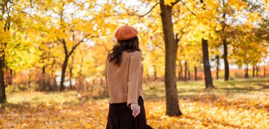Rear view of brunette girl in autumn park in sweater. Back view of autumn woman outdoors with curly hair. Copy space. Banner