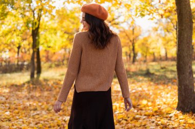 Happy young girl enjoying the beauty of sunny autumn day in an autumn park. View from a back. Copy space