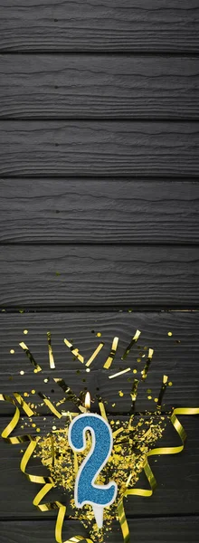 Number Blue Celebration Candle Gold Confetti Dark Wooden Background 2Nd — Φωτογραφία Αρχείου