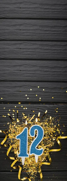 Number Blue Celebration Candle Gold Confetti Dark Wooden Background 12Th — Φωτογραφία Αρχείου