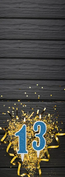 Number Blue Celebration Candle Gold Confetti Dark Wooden Background 13Th — Φωτογραφία Αρχείου