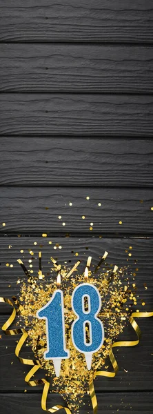Number Blue Celebration Candle Gold Confetti Dark Wooden Background 18Th — Stok fotoğraf