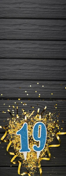 Number Blue Celebration Candle Gold Confetti Dark Wooden Background 19Th — Stock fotografie