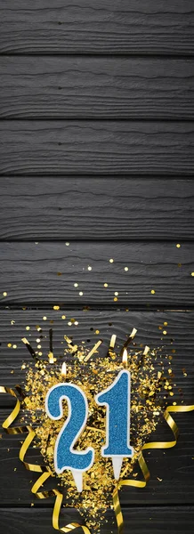 Number Blue Celebration Candle Gold Confetti Dark Wooden Background 21Th — Zdjęcie stockowe