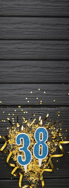 Number Blue Celebration Candle Gold Confetti Dark Wooden Background 38Th — Stock Photo, Image