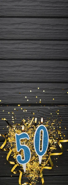 Number Blue Celebration Candle Gold Confetti Dark Wooden Background 50Th — Stock Photo, Image