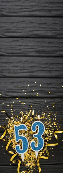 Number Blue Celebration Candle Gold Confetti Dark Wooden Background 53Th — Stock Photo, Image