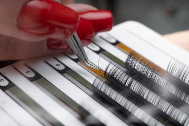 Kirpik uzatma prosedürü konsepti. Sahte kirpik kiti ve aletler. Kirpik uzatma için aksesuarlar. Kapat.