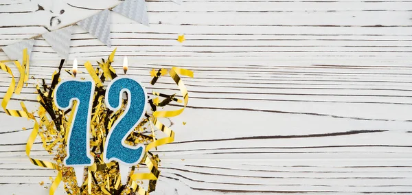 Number Blue Celebration Candle White Wooden Background Golden Foil Copy — Stock Photo, Image