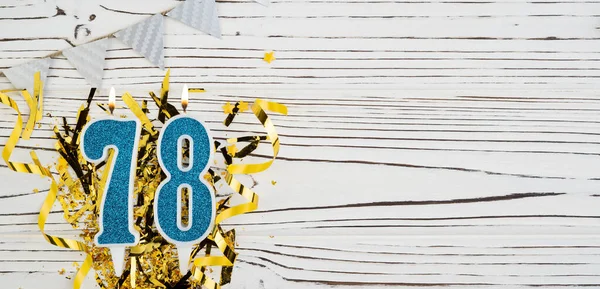 Number Blue Celebration Candle White Wooden Background Golden Foil Copy — Stock Photo, Image