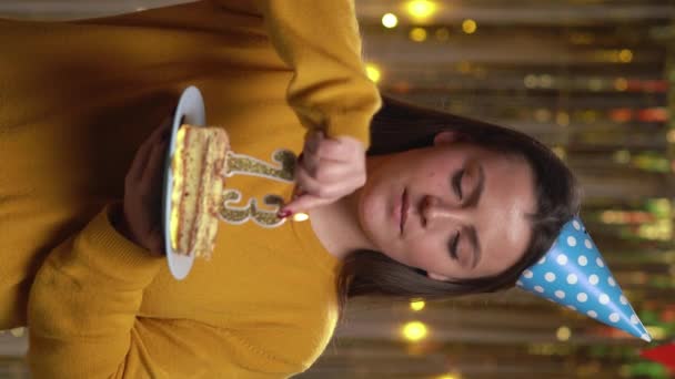 Beautiful Happy Young Woman Wearing Sweater Holding Birthday Cake Number — Stock Video