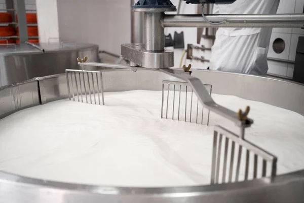 チーズ製造用のステンレスタンクで牛乳を調理する チーズ工場のコンセプト スペースのコピー — ストック写真