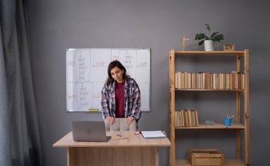 Boş zaman hobisi ya da uzaktan çalışma. Ciddi yetişkin bir kadın, İngilizce kurallarını açıklıyor ve oturma odasındaki dizüstü bilgisayarın kamerasına bakıyor. Boşluğu kopyala